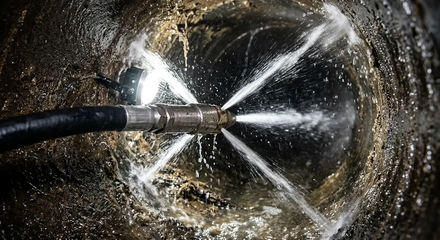 High-pressure hydro jetting nozzle cleaning sewer pipe for Emergency Drain Service in Allendale