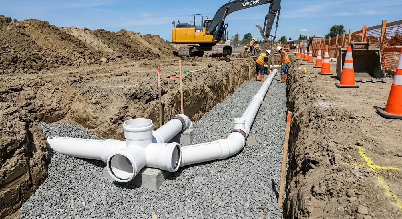 New PVC sewer pipe installation in open trench for Commercial Drain Cleaning in Allendale