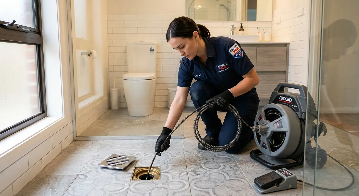 Technician clearing a bathroom floor drain for Hydro Jetting in Allendale
